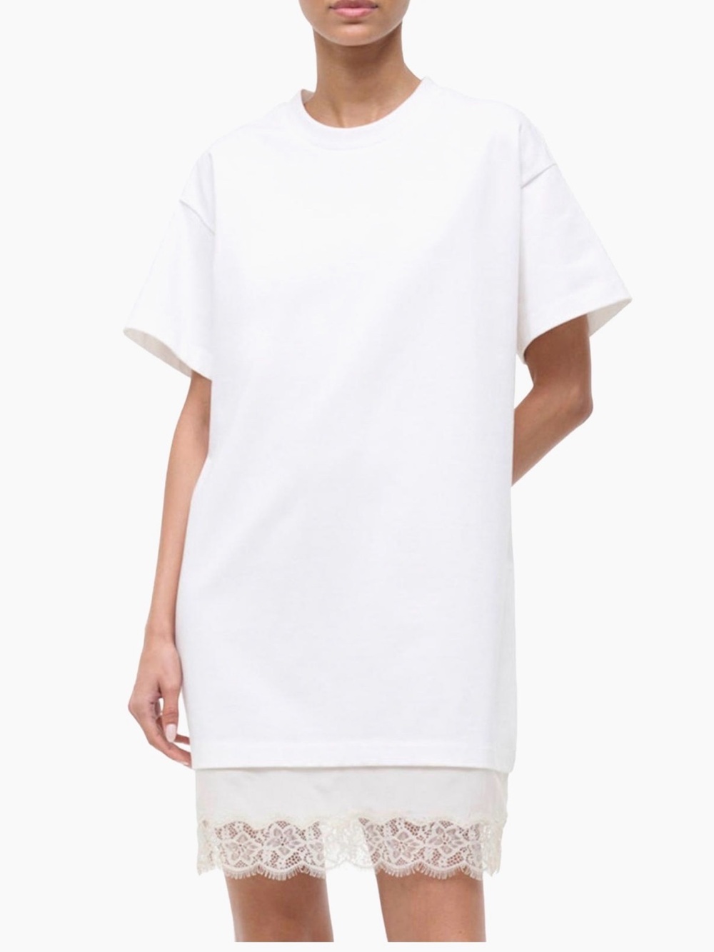 STAUD White T-Shirt Dress with Lace Hem